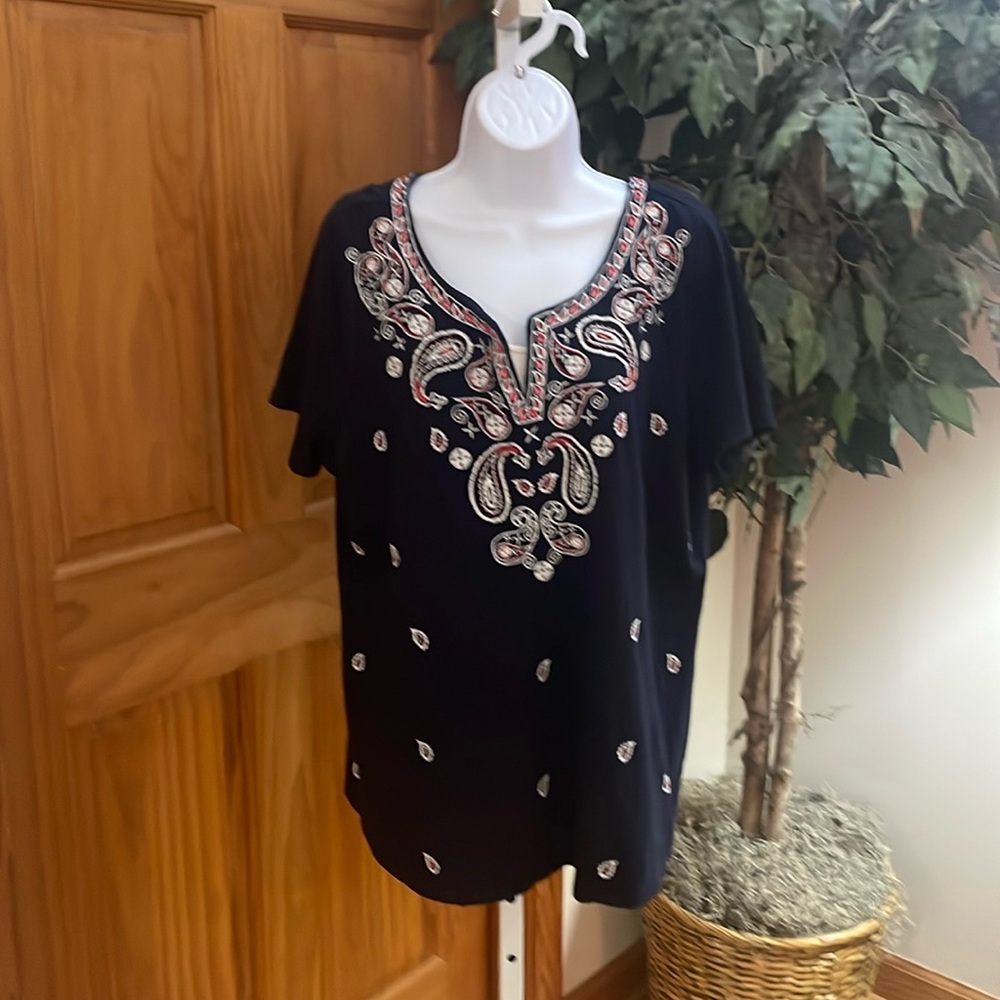 Talbots Beaded Tee, Blue with Red and White Accents, Size 1X